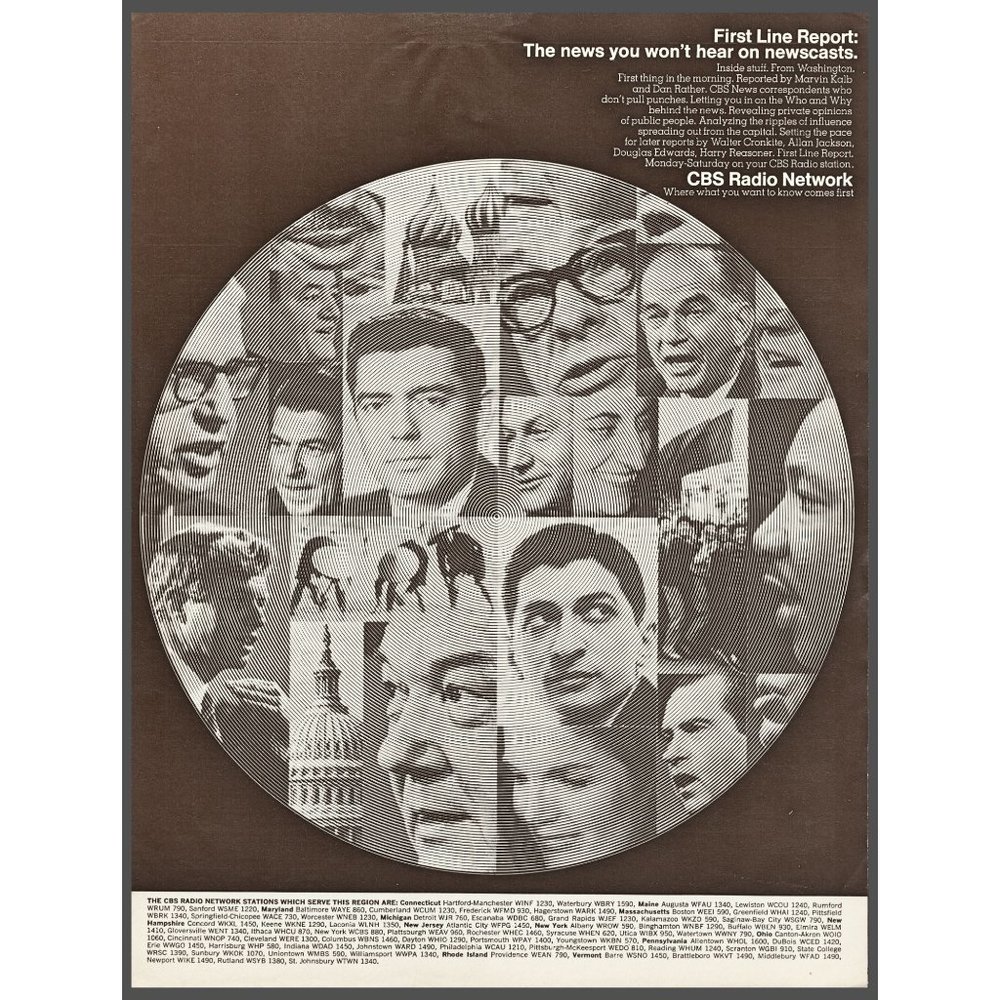 1968 CBS Radio Network Vintage Print Ad Dan Rather Walter Cronkite News Wall Art